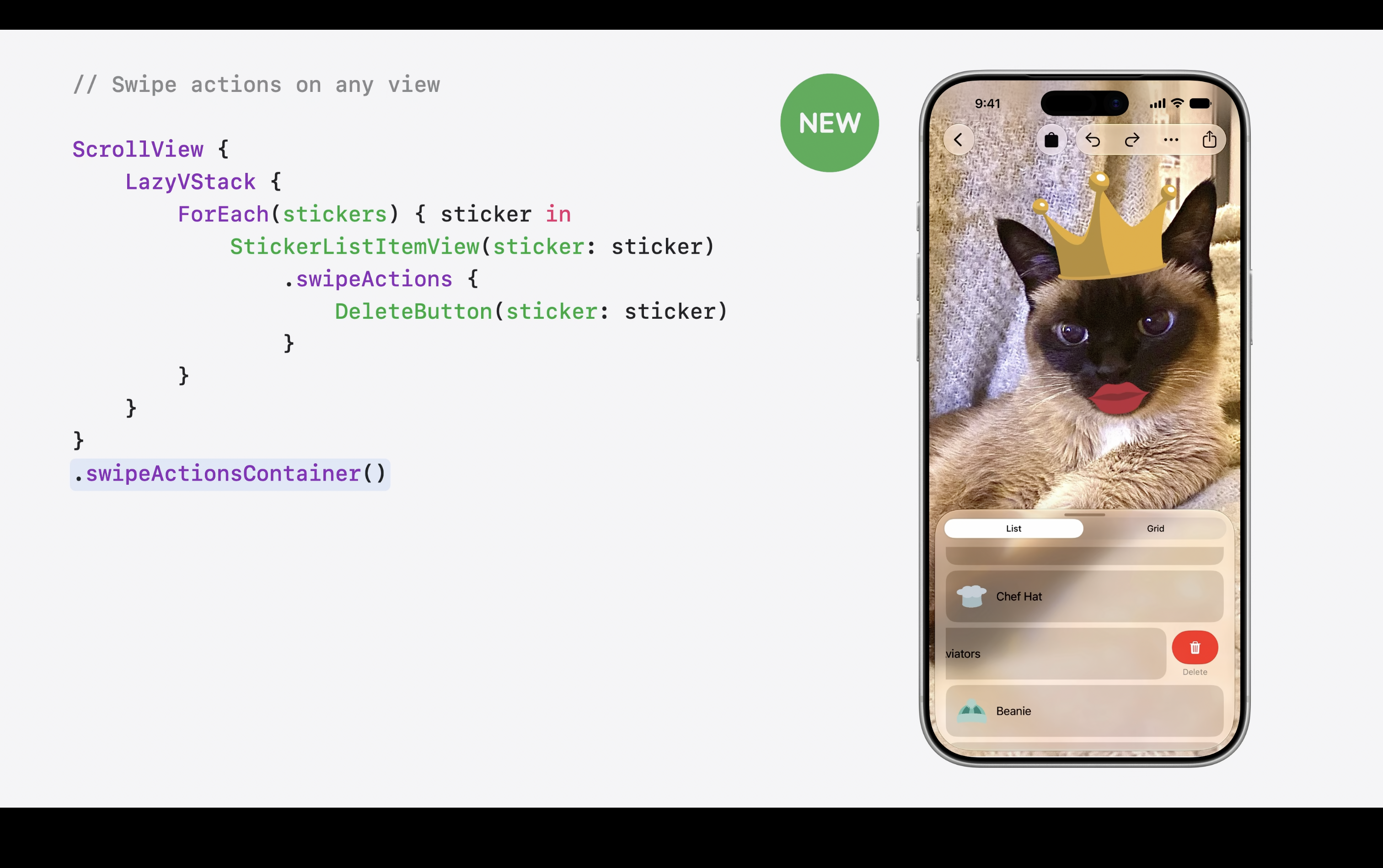 Swipe actions on any container